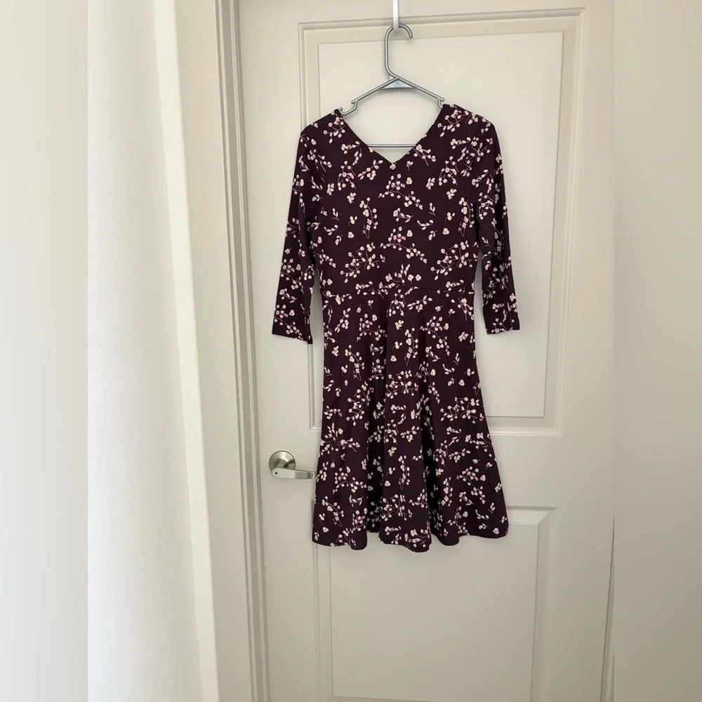 Pact Floral V-Neck Fit & Flare Dress in Plum Floral Print NWOT Size S